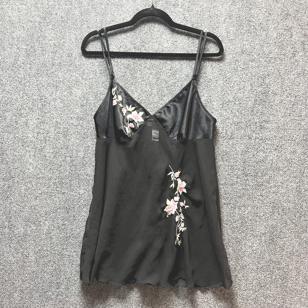 Delicates Black Floral Embroidered Satin Sheer Camisole Y2K Lingerie Slip Medium